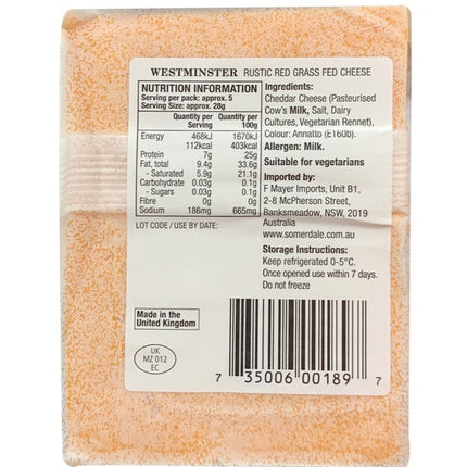 Westminster Rustic Red Grass Fed Cheese 150G ( BB 20/07/2024 )