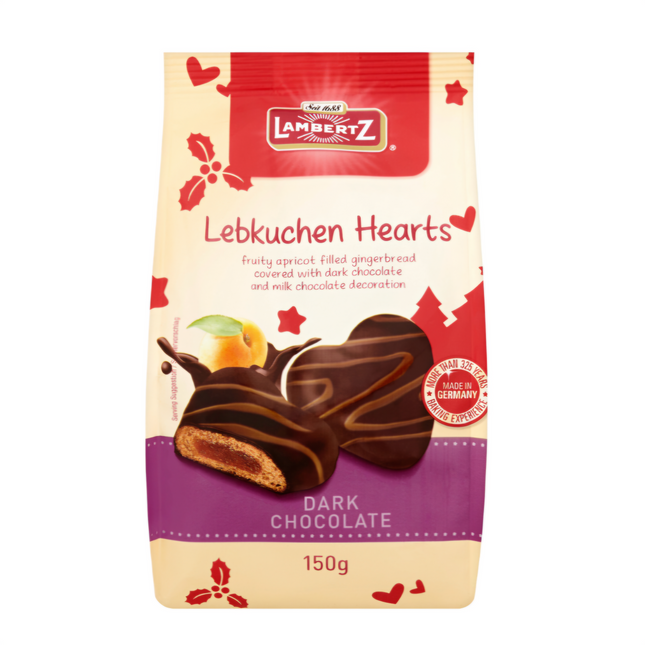 Lambertz Lebkuchen Dark Chocolate Apricot Gingerbread Hearts 150G ( BB 30/06/2026 )