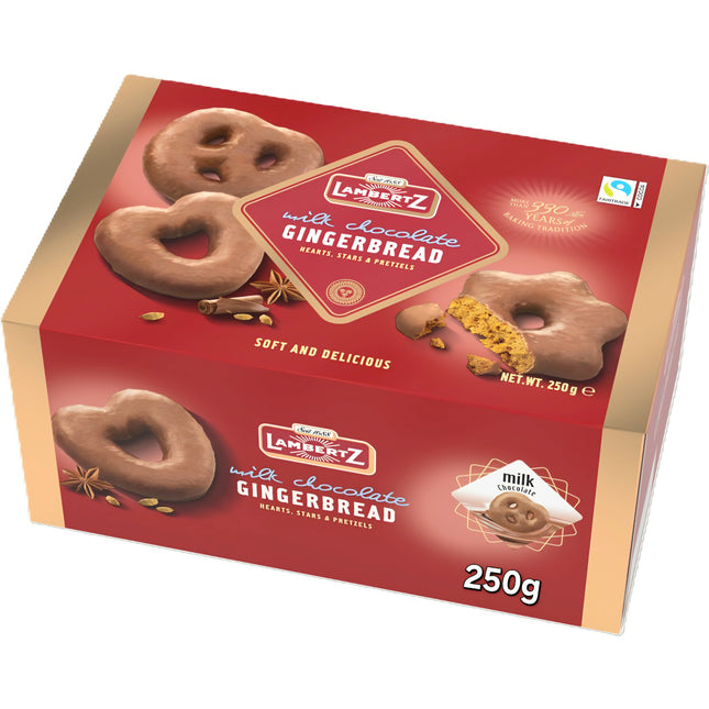 Lambertz Lebkuchen Milk Chocolate Gingerbread Hearts, Star & Pretzels 250G ( BB 30/06/2026 )