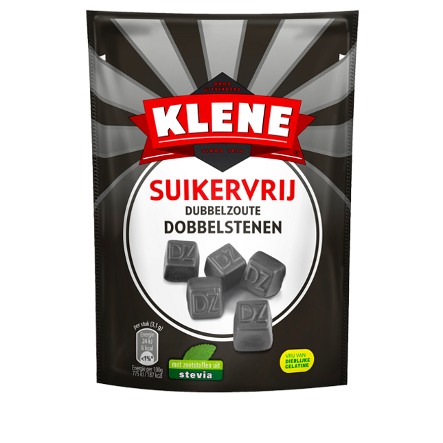 Klene Suikervrij Dobbelstenen Double Salt Dubblezoute Licorice Sugar Free 110G ( BB 03/2027 )