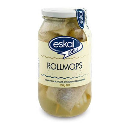 Eskal Rollmops Herring 500g. (* Refrigerated items are for local pick-up or deliveries less than 10 km from our Moorabbin store only.)