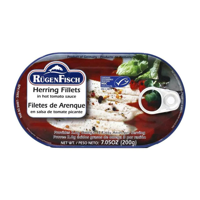 Rugen Fisch Herring Fillets in Hot Tomato Sauce 200G ( BB 31/12/2026 )