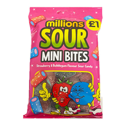 Millions Sour Mini Bites Strawberry & Bubblegum Flavour Sour Candy 140G ( BB 09/2025 )