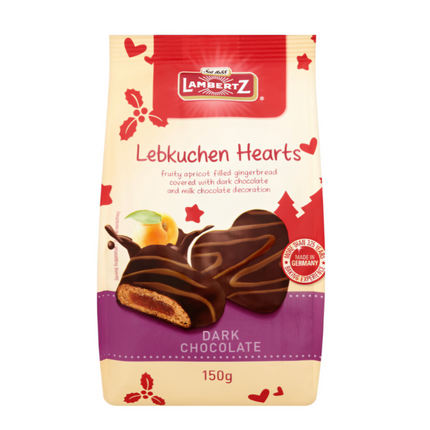 Lambertz Lebkuchen Dark Chocolate Apricot Gingerbread Hearts 150G ( BB 30/06/2025 )