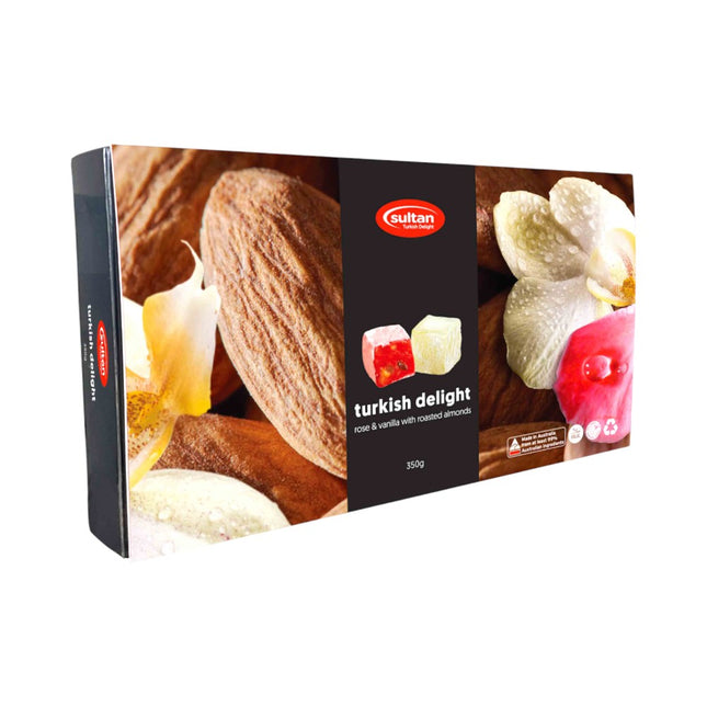 Sultan Sweets Turkish Delight Rose & Vanilla with Roasted Almonds 350G ( BB 28/02/2026 )