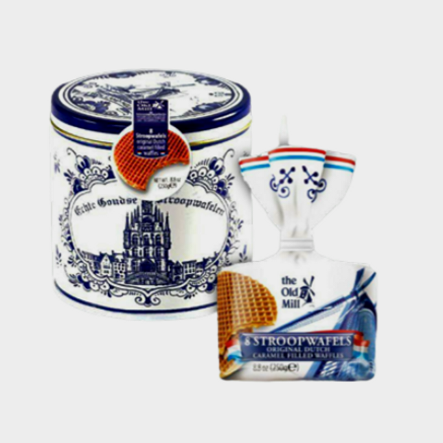 The Old Mill Caramel Stroopwafels/Syrup Wafers in Delf Blue Gift Tin 250G ( BB 08/2026 )