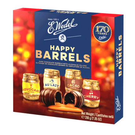 E.Wedel Happy Barrels Dark Chocolate with Alcohol Filling 200G ( BB 07/11/2026 )