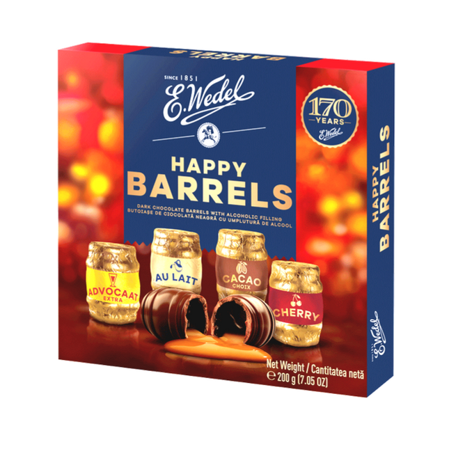 E.Wedel Happy Barrels Dark Chocolate with Alcohol Filling 200G ( BB 07/11/2026 )