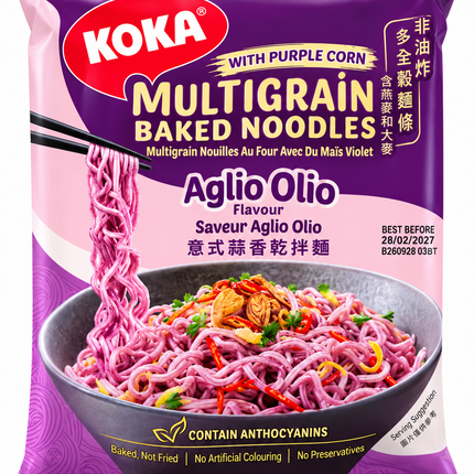 Koka Multigrain Purple Corn Baked Noodles Aglio Olio Flavour 70G ( BBD 28/02/2027 ) ☆ Buy 10 get 1 Free ☆