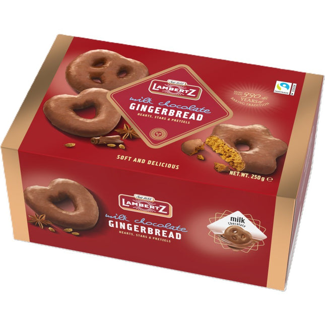 Lambertz Lebkuchen Dark Chocolate Gingerbread Hearts, Star & Pretzels 250G ( BB 30/06/2026 )